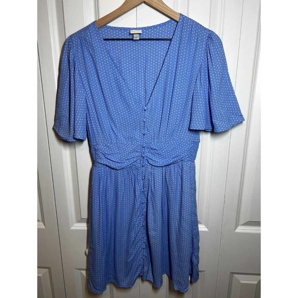 A New Day Blue Polka Dot Flutter Short Sleeve Crepe V-Neck Mini Dress Size S